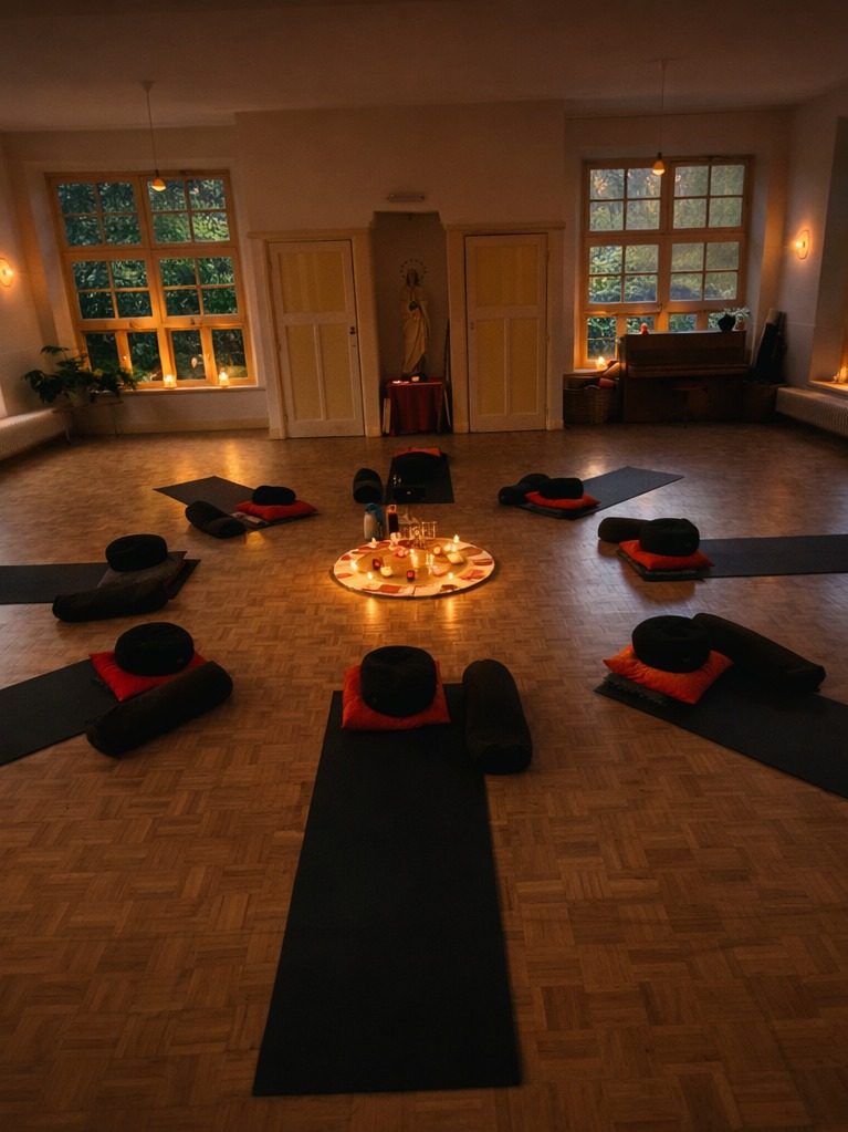 Meditatieruimte met kussens, kaarslicht en een cirkel van kaarsen op de vloer.