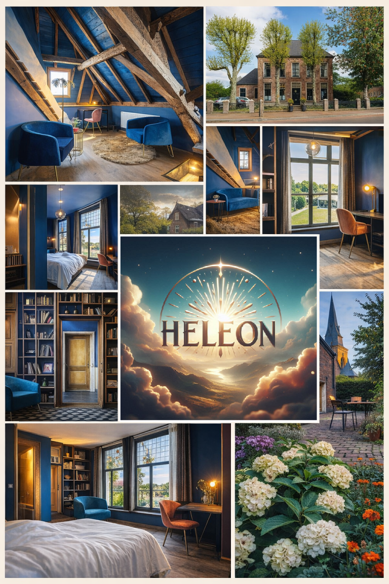 Interieur met comfortabele zithoeken, slaapkamers en een tuin met bloemen, sfeervol ingericht voor een retraite.