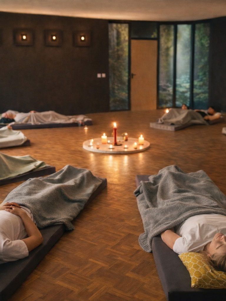 Mensen liggen op matjes voor begeleiding tot rust 