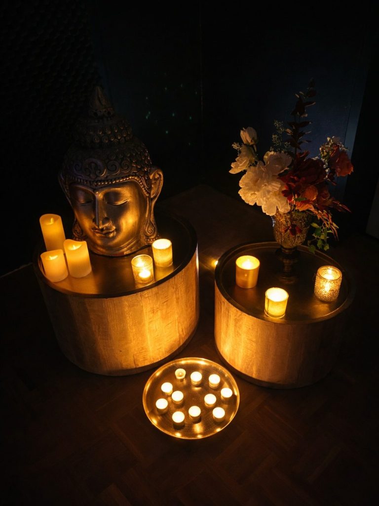 Kaarsen op plateau met boedha en bloemen
