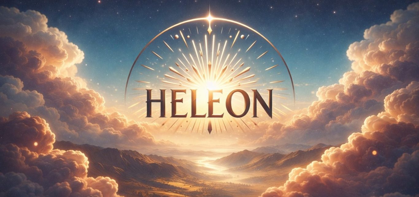 Stijlvolle tekst "HELEON" met een stralende zon en een droomachtig luchtlandschap.