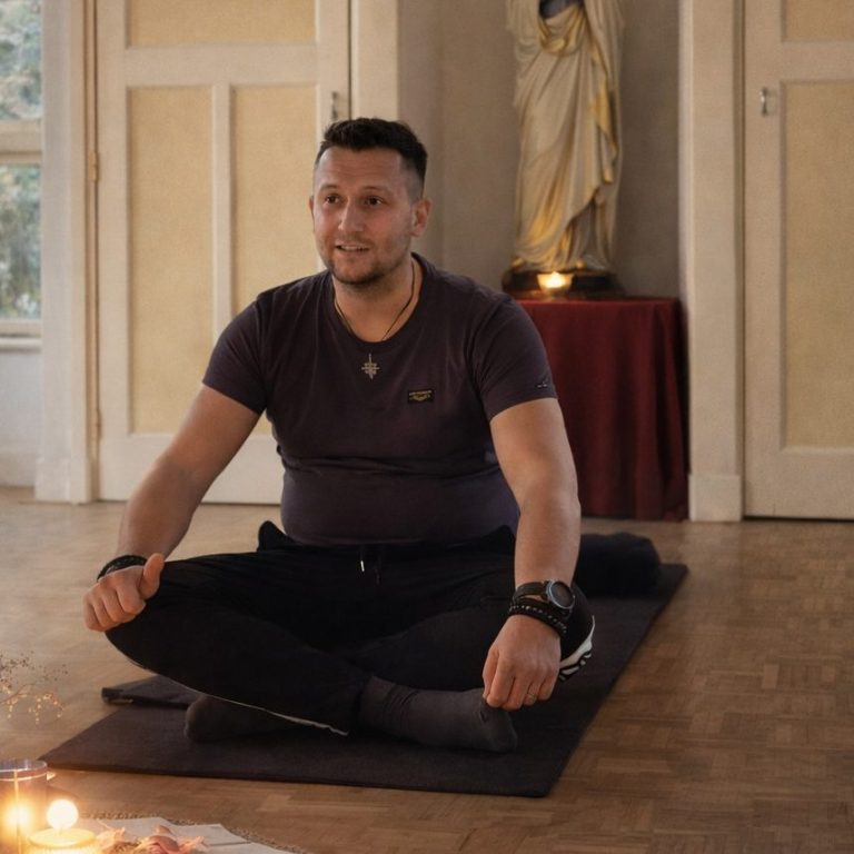 Man in kleermakerszit op een yogamat met kaarsen erbij